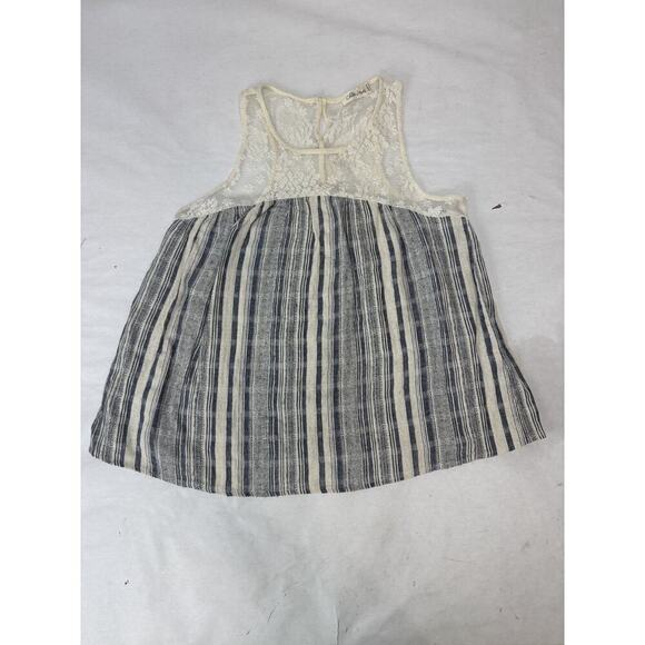 Boho Chloe & Katie Lace Linen-Looking Tank Top Stripes Neutral Ivory Blue Medium - Picture 3 of 10